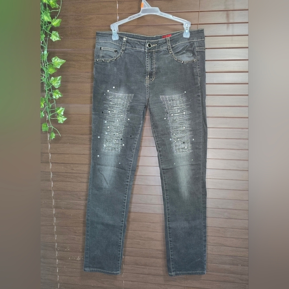 V Cristina BlingyTopstitched Distressed Straight Leg Gray   Womens Jeans Size 10